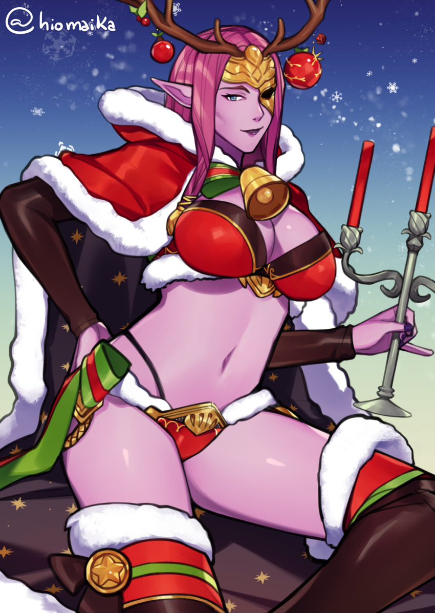 1girl alternate_costume antlers bell breasts cape christmas_ornaments commission cosplay fire_emblem fire_emblem_echoes:_shadows_of_valentia fire_emblem_gaiden fire_emblem_heroes highres hiomaika hood looking_at_viewer nuibaba simple_background smile solo tharja_(fire_emblem) tharja_(fire_emblem)_(cosplay) upper_body
