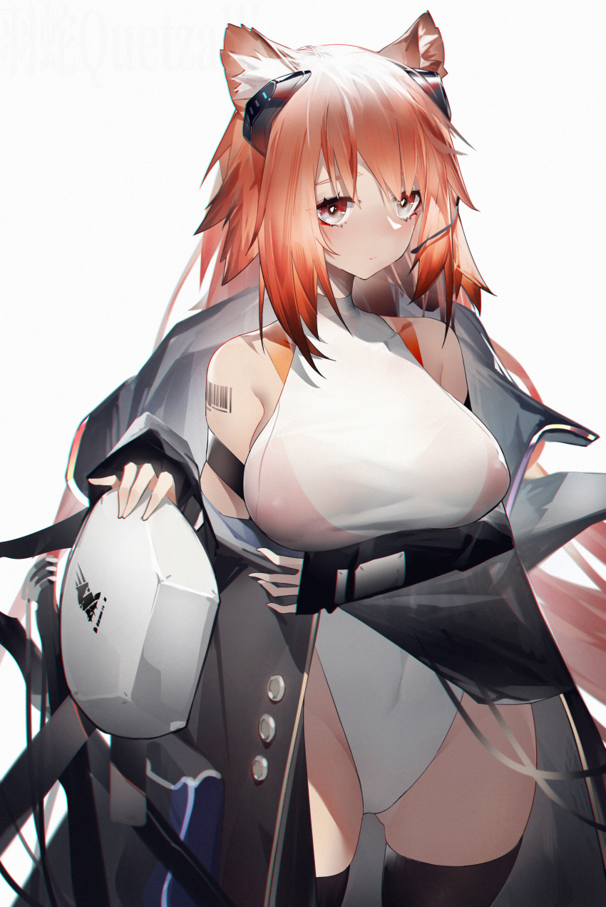 1girl absurdres animal_ear_fluff animal_ears arknights armor_removed ass_visible_through_thighs bangs barcode_tattoo bare_shoulders black_legwear breastplate breasts commentary_request covered_navel cowboy_shot gravel_(arknights) grey_background grey_eyes groin highres large_breasts leotard long_hair looking_at_viewer pink_hair shoulder_tattoo simple_background solo standing tattoo thigh-highs thighs very_long_hair white_leotard yushi_ketsalkoatl