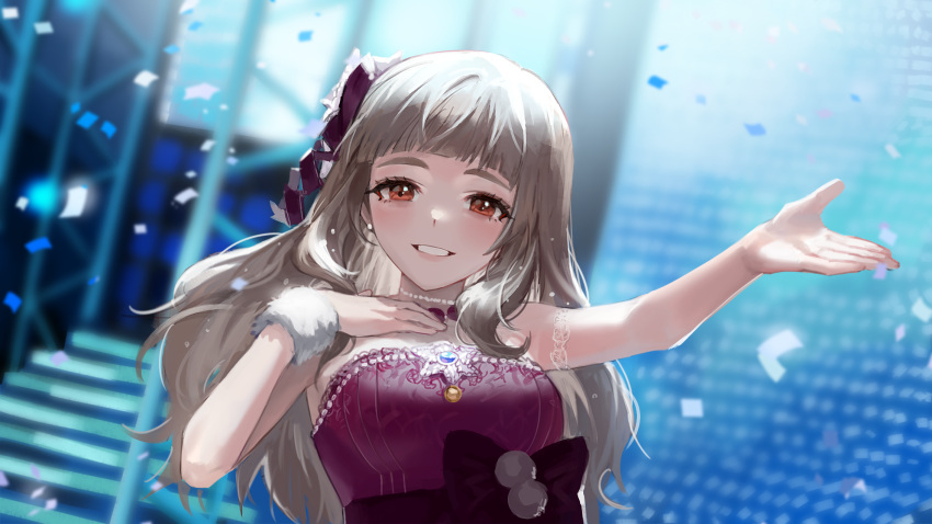 1girl armband bangs bare_shoulders blunt_bangs blush breasts brown_hair concert confetti dress hair_ornament hand_on_own_chest highres idol idolmaster idolmaster_cinderella_girls jewelry kamiya_nao long_eyelashes long_hair looking_at_viewer medium_breasts necklace open_mouth outstretched_hand pearl_(gemstone) purple_dress red_eyes sash sleeveless sleeveless_dress smile solo sowb stage stairs thick_eyebrows upper_body wristband