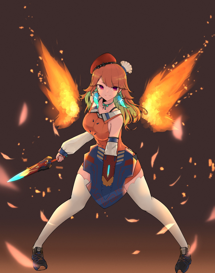 1girl absurdres breasts chef_hat detached_sleeves energy_wings fighting_stance gradient_hair green_hair hat highres holding holding_shield holding_sword holding_weapon hololive hololive_english long_hair looking_to_the_side lyrinne medium_breasts multicolored_hair orange_hair orange_headwear shield smile solo standing sword takanashi_kiara thigh-highs virtual_youtuber weapon