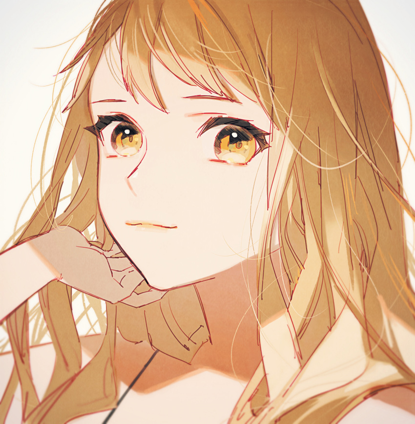 1girl absurdres bangs bare_shoulders beige_background close-up closed_mouth eyelashes face hand_on_own_chin hand_on_own_face hand_up highres kyuko2go light_brown_hair light_smile lips long_hair looking_at_viewer looking_to_the_side messy_hair original simple_background solo spaghetti_strap swept_bangs tareme upper_body yellow_eyes