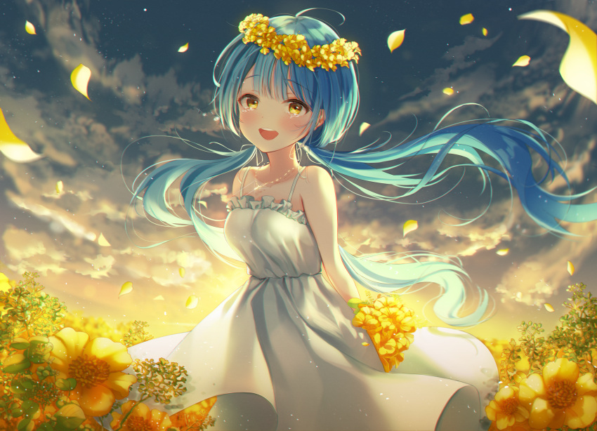 1girl :d absurdres ahoge arms_behind_back bangs blue_hair blunt_bangs bouquet clouds collarbone commentary dress eyebrows_visible_through_hair flower flower_wreath hair_blowing highres holding holding_bouquet huge_filesize ia_ju72 jewelry long_hair looking_at_viewer necklace open_mouth original petals sidelocks sky smile solo sunset tearing_up tears twintails upper_teeth white_dress yellow_eyes yellow_flower