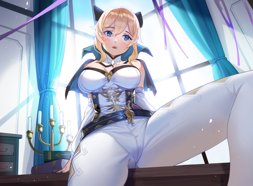 1girl bangs bare_shoulders belt black_belt black_bow blonde_hair blue_capelet blue_eyes bow breasts candle candlestand capelet crotch_seam curtains desk detached_sleeves eyebrows_visible_through_hair genshin_impact hair_between_eyes hair_bow highres indoors jean_gunnhildr large_breasts long_hair looking_at_viewer on_desk pants ponytail sidelocks siha sitting sitting_on_desk solo spread_legs white_pants window