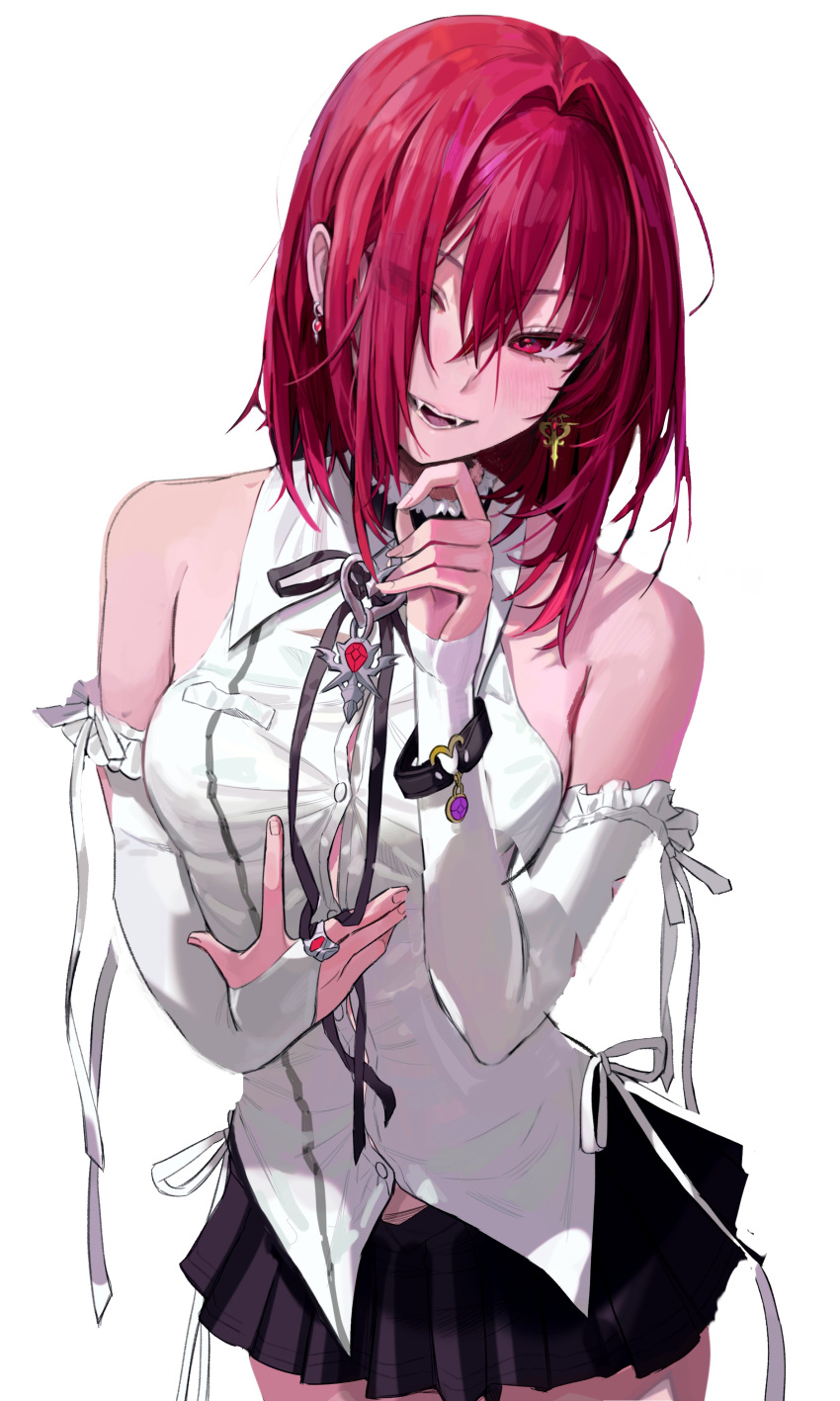 1girl absurdres bare_shoulders black_skirt blush breasts bridal_gauntlets cowboy_shot earrings fangs freng hair_between_eyes hair_over_one_eye highres jewelry looking_at_viewer medium_breasts medium_hair original red_eyes redhead shirt skirt smile solo white_background white_shirt