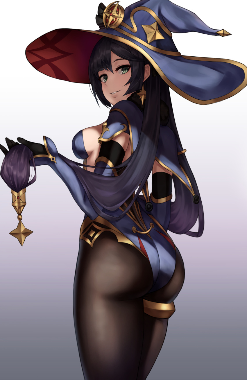 1girl angdo_(kakajo26) ass black_gloves black_hair black_legwear blue_headwear blue_leotard breasts cape cowboy_shot detached_sleeves from_behind genshin_impact gloves gold_trim gradient gradient_background green_eyes grin hat highres holding holding_hair leotard long_hair long_sleeves looking_at_viewer looking_back medium_breasts mona_(genshin_impact) pantyhose smile solo standing thighlet twintails white_background witch_hat