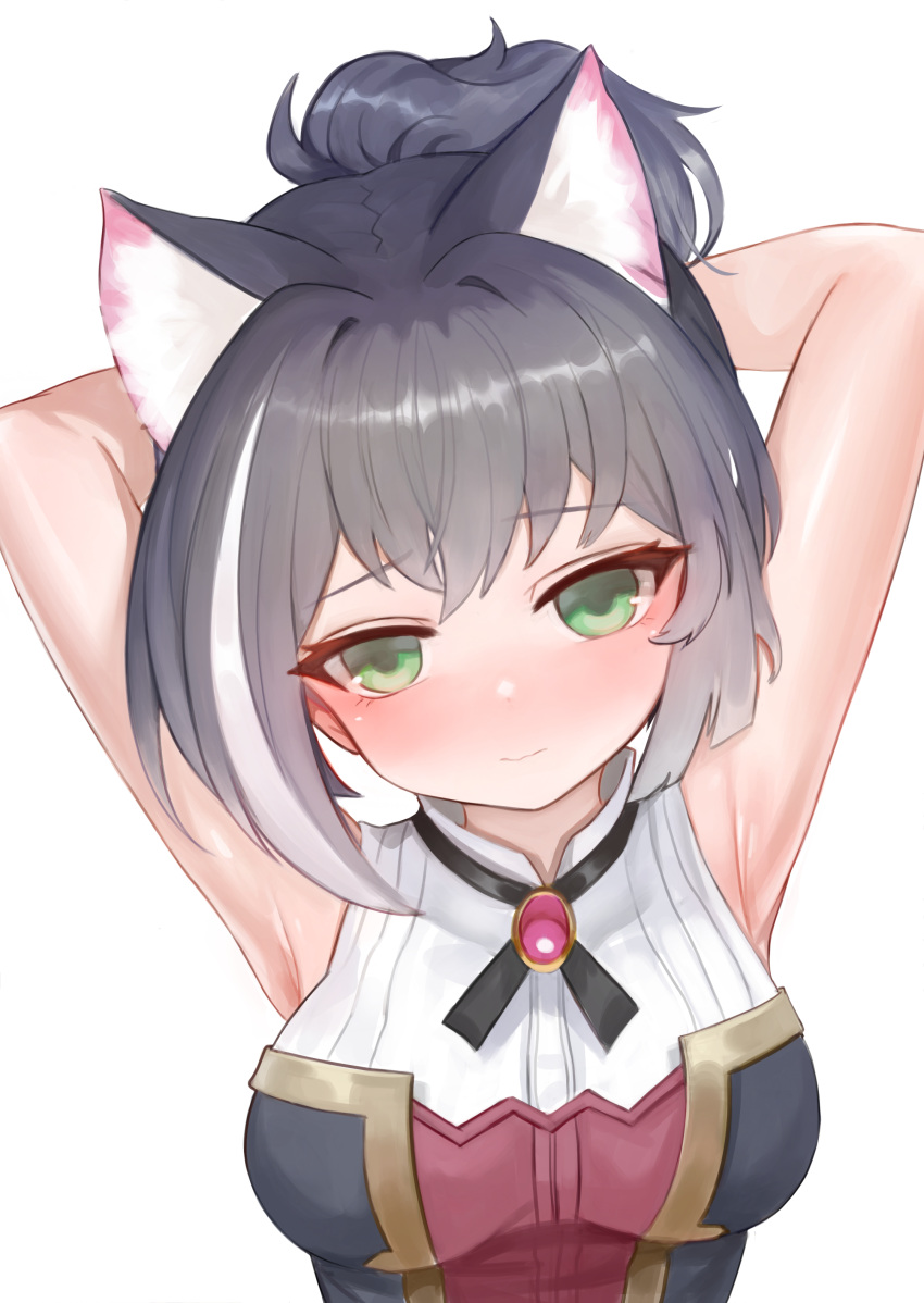 1girl absurdres animal_ear_fluff animal_ears armpits arms_up bangs black_hair blush breasts cat_ears commentary_request dokomon eyebrows_visible_through_hair green_eyes head_tilt highres karyl_(princess_connect!) korean_commentary looking_at_viewer medium_breasts ponytail princess_connect! princess_connect!_re:dive shirt sidelocks simple_background sleeveless sleeveless_shirt solo upper_body white_background white_shirt