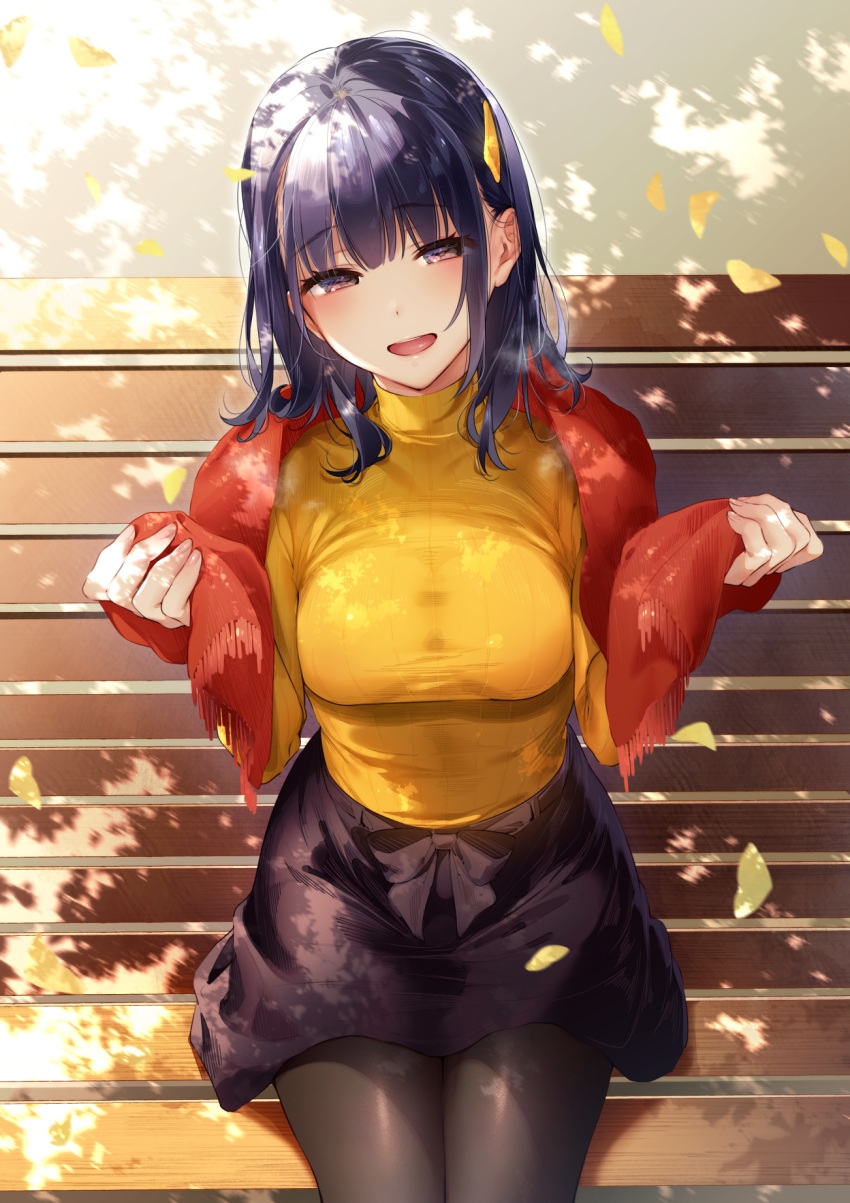 1girl autumn_leaves bangs black_hair black_legwear black_skirt blush commentary_request eyebrows_visible_through_hair falling_leaves from_above hair_ornament highres hizuki_akira leaf looking_at_viewer medium_hair miniskirt open_mouth original pantyhose red_scarf scarf sitting skirt sweater turtleneck turtleneck_sweater violet_eyes yellow_sweater