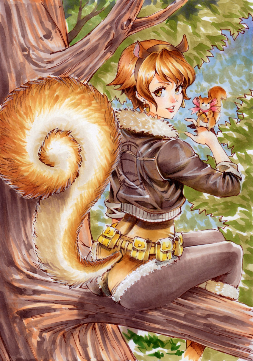 1girl acorn animal animal_ears ass bangs belt belt_pouch boots brown_eyes brown_leotard commentary cropped_jacket eyebrows_visible_through_hair fake_animal_ears from_behind fur_trim hair_ornament highres jacket leotard lips looking_at_viewer looking_back marvel pantyhose parted_lips pouch rodrigo_yoshimiya short_hair simple_background sitting smile solo squirrel squirrel_ears squirrel_girl_(marvel) squirrel_tail superhero tail tree tree_branch