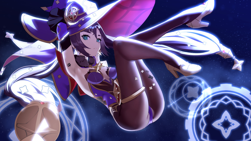 1girl absurdres aqua_eyes armpits arms_up black_legwear breasts cape ett full_body fur_trim genshin_impact hair_ornament hat high_heels highleg highleg_leotard highres legs legs_up leotard long_hair looking_at_viewer mage mona_(genshin_impact) night night_sky pantyhose paw_print purple_hair sky sleeveless star_(sky) star_(symbol) star_hair_ornament starry_sky twintails witch_hat