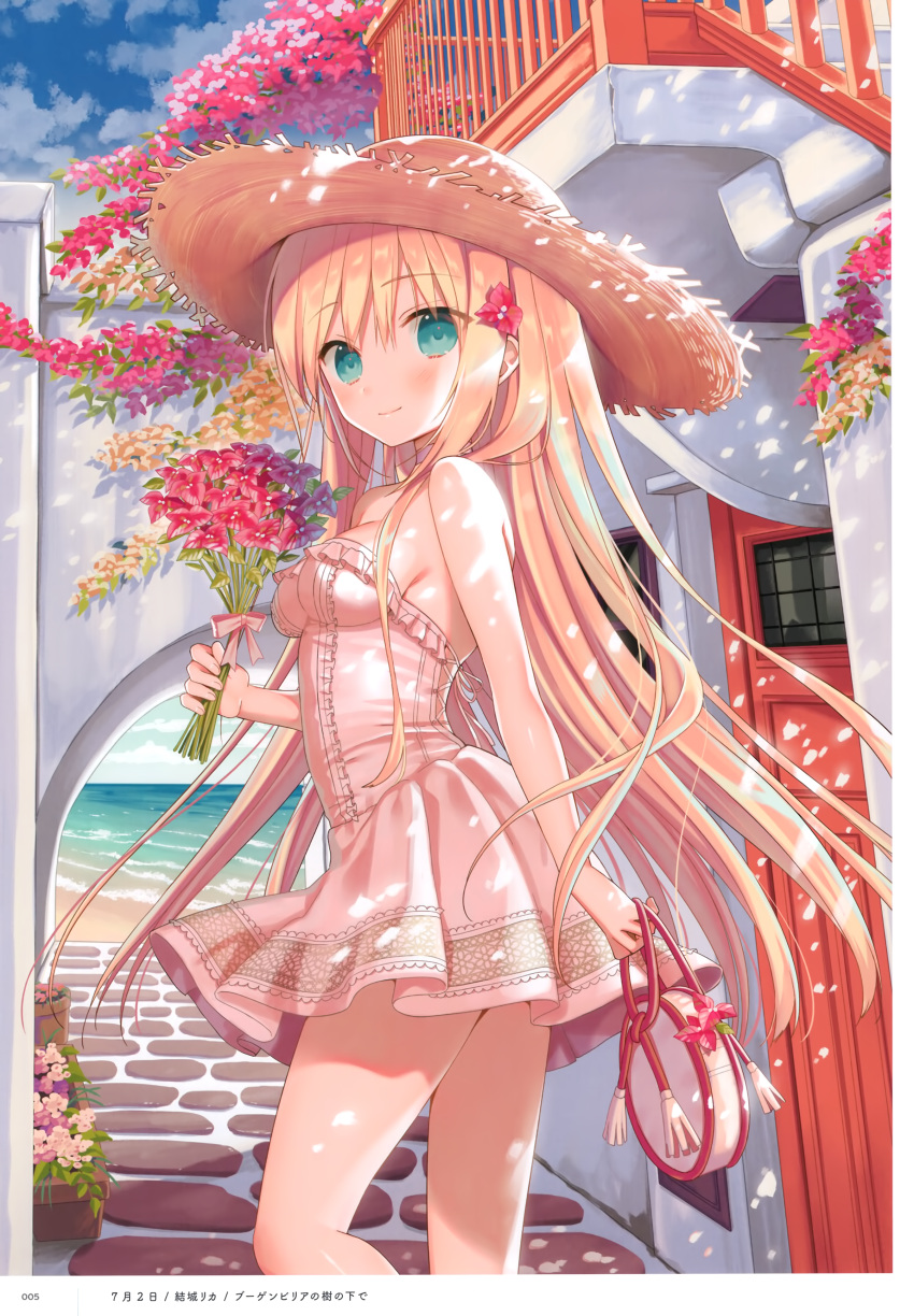 1girl absurdres aqua_eyes artist_name bag bangs bare_shoulders blonde_hair blue_sky blush bow breasts choker closed_mouth clouds cloudy_sky day dress eyebrows_visible_through_hair flower hair_ornament hat highres holding long_hair looking_at_viewer medium_breasts melonbooks ocean outdoors page_number scan short_dress simple_background sky smile solo strapless strapless_dress straw_hat water white_dress yuuki_rika