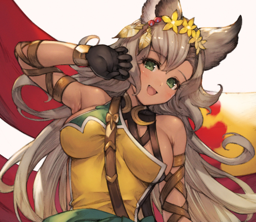 1girl :d animal_ears arm_up bangs black_gloves blush breasts cat_ears dark_skin dark-skinned_female erune eyebrows_visible_through_hair fang feathers flower gloves granblue_fantasy green_eyes grey_hair hair_feathers hair_flower hair_ornament highres koretsuki_azuma large_breasts long_hair looking_at_viewer nemone open_mouth sideboob simple_background smile solo upper_body white_background yellow_flower