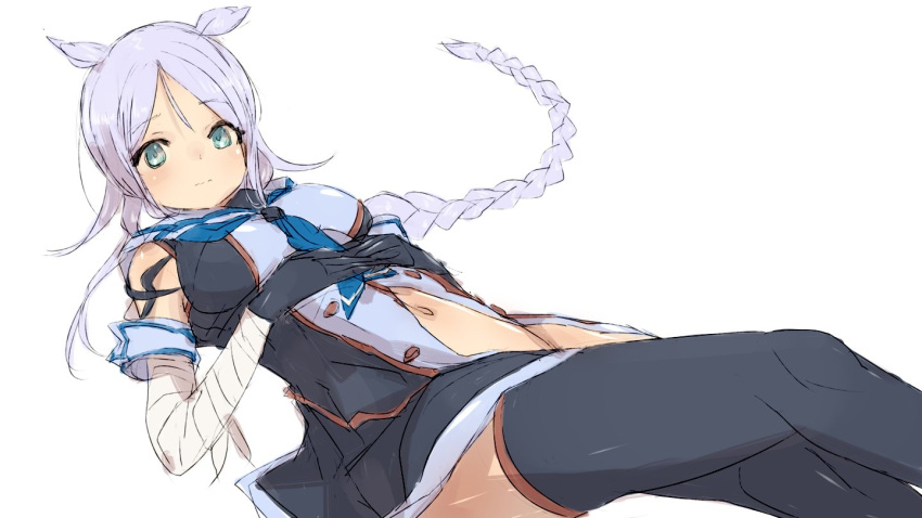 1girl alchera bandages bangs black_gloves black_legwear black_skirt blue_eyes blue_neckwear collared_shirt cowboy_shot elbow_gloves gloves hair_flaps hair_tie kantai_collection long_hair looking_at_viewer neckerchief parted_bangs remodel_(kantai_collection) shirt silver_hair simple_background skirt sleeveless sleeveless_shirt solo umikaze_(kantai_collection) very_long_hair white_background white_hair