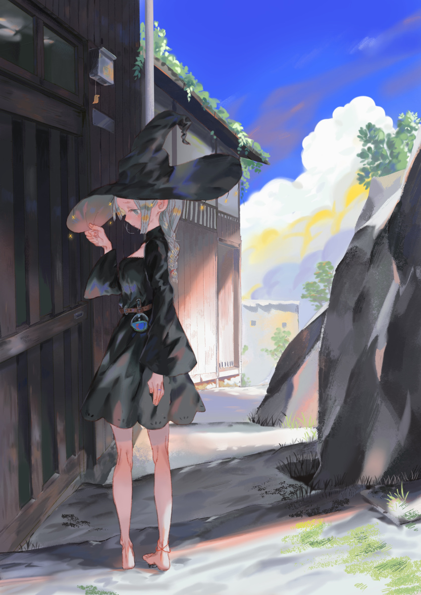 1girl absurdres anklet bare_legs barefoot belt black_dress blush braid braided_ponytail clouds cloudy_sky dress flask grey_hair hand_on_headwear hat highres jewelry looking_to_the_side original ring road sad scenery short_dress shrimp_cc sky street witch witch_hat