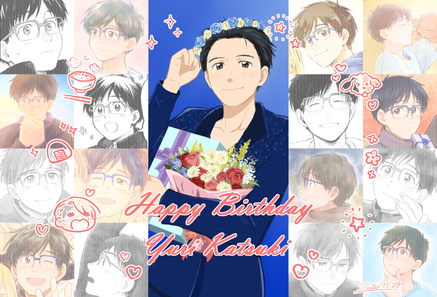 1boy black_hair blue-framed_eyewear blue_flower blue_rose bouquet brown_eyes character_name daisy dated flower gift glasses hair_slicked_back happy_birthday head_wreath heart highres katsuki_yuuri makkachin male_focus red_flower red_rose rose sparkle takeshi_(mononohu20) viktor_nikiforov yellow_flower yellow_rose yuri!!!_on_ice