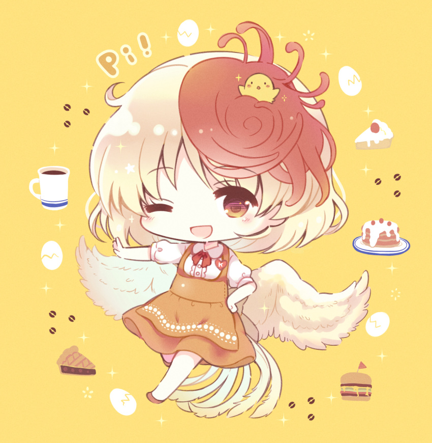 23_(candy_chapus) adapted_costume animal_on_head anna_miller apron bird bird_on_head bird_tail bird_wings blonde_hair blush cake chibi chick coffee coffee_beans coffee_mug commentary_request cup egg feathered_wings food full_body hamburger hand_on_hip heart_button highres looking_at_viewer mug multicolored_hair neck_ribbon niwatari_kutaka on_head one_eye_closed open_mouth orange_apron orange_footwear orange_skirt outstretched_arm pie_slice red_eyes red_neckwear redhead ribbon shirt shoes short_hair short_sleeves simple_background skirt smile star_(symbol) touhou two-tone_hair waitress white_shirt wings yellow_background