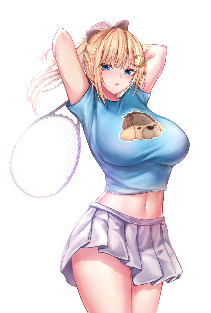 1girl absurdres animal_print arms_up blonde_hair blue_eyes blue_shirt bow breasts cowboy_shot crop_top dog_print hair_bow hair_ornament highres holding hololive hololive_english large_breasts long_hair looking_at_viewer luminous midriff miniskirt navel parted_lips pleated_skirt ponytail racket shirt short_sleeves simple_background skirt solo standing stomach tennis_racket thighs virtual_youtuber watson_amelia white_background white_skirt