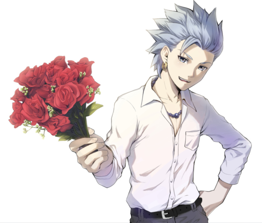 1boy belt black_belt blue_eyes blue_hair bouquet camus_(dq11) collarbone collared_shirt commentary_request dragon_quest dragon_quest_xi dress_shirt earrings flower hand_on_hip highres holding holding_bouquet holding_flower jewelry long_sleeves looking_at_viewer male_focus mondi_hl necklace open_mouth pants red_flower red_rose rose shirt shirt_tucked_in short_hair simple_background smile solo spiky_hair upper_body upper_teeth white_background white_shirt