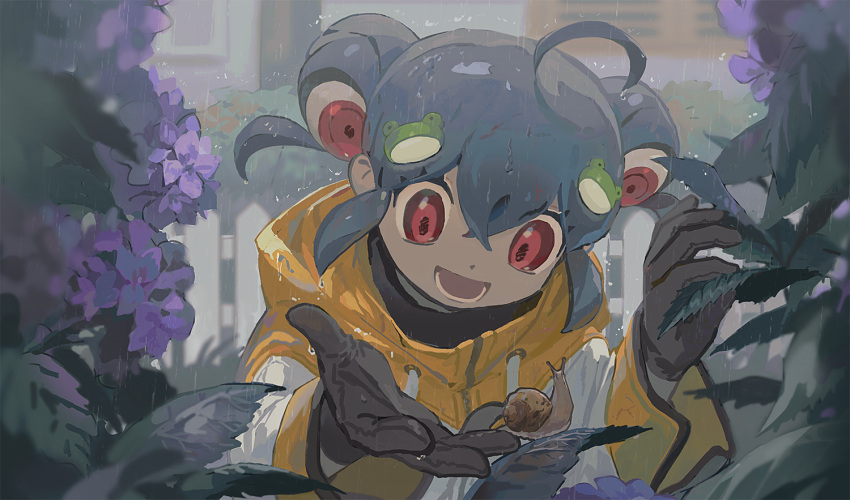 1girl ahoge black_gloves borrowed_character drawstring flower frog_hair_ornament gloves hair_between_eyes hair_ornament kero-chan_(lunch) leaf long_sleeves namottttt open_mouth original outdoors plant purple_flower rain red_eyes smile snail solo upper_body wet