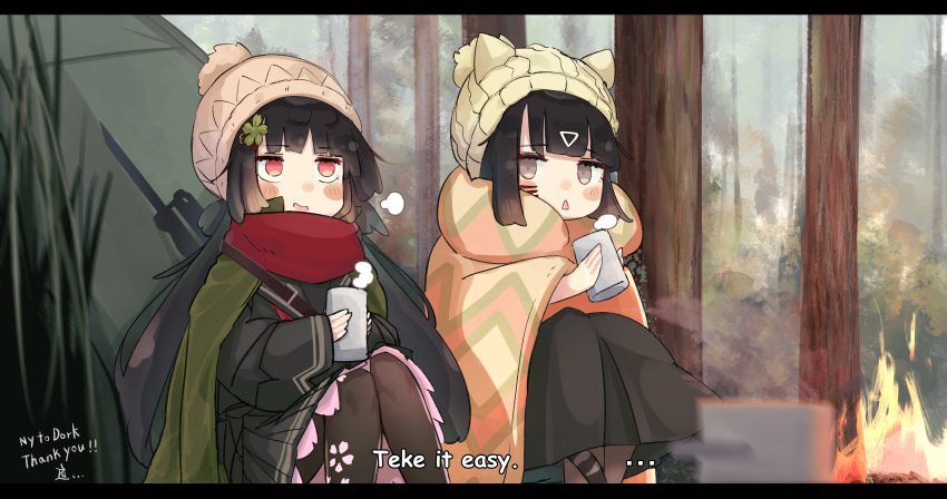 2girls absurdres bangs bayonet black_hair blunt_bangs blush_stickers bonfire cherry_blossom_print commission dress english_text engrish_text floral_print girls_frontline grey_eyes gun highres hot_drink kilabo long_hair multiple_girls nyto_obelisk_(girls_frontline) pantyhose paradeus pleated_skirt ranguage red_eyes school_uniform serafuku sidelocks skeb_commission skirt smile submachine_gun tent type_100 type_100_(girls_frontline) very_long_hair weapon woollen_cap