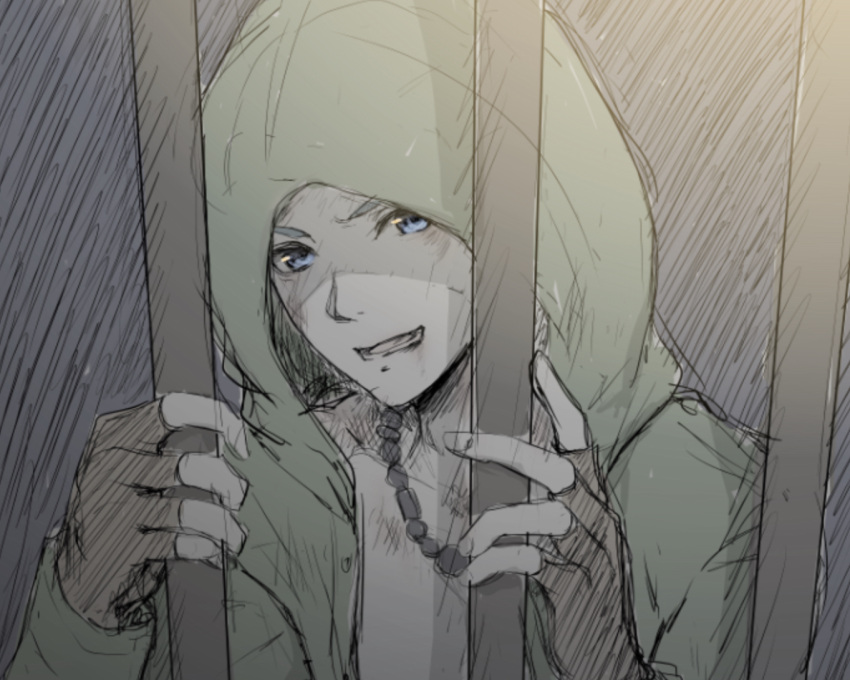 1boy bars blue_eyes brown_gloves camus_(dq11) collarbone dragon_quest dragon_quest_xi fingerless_gloves gloves green_jacket hands_up hood hood_up hooded_jacket jacket jewelry long_sleeves looking_at_viewer lower_teeth male_focus mondi_hl necklace open_mouth sketch smile solo