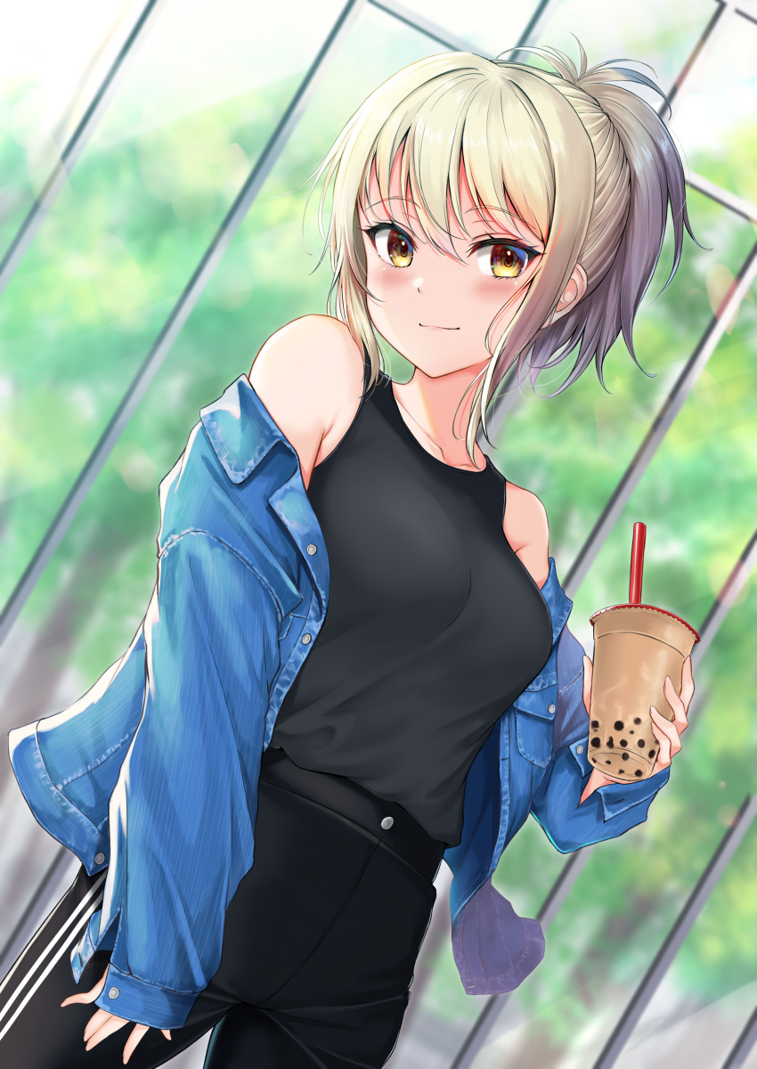 1girl absurdres black_pants blonde_hair blurry blurry_background blush bubble_tea cup denim denim_jacket disposable_cup dutch_angle highres holding holding_cup off-shoulder_jacket original outdoors pants ponytail rama_(yu-light8) shirt sleeveless sleeveless_shirt solo yellow_eyes