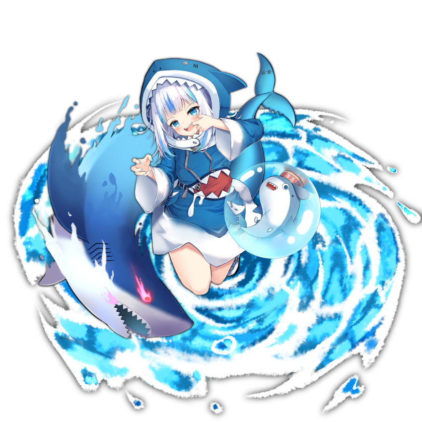 1girl animal_hood bangs bloop_(gawr_gura) blue_eyes blue_hair blue_hoodie blush dress fish_tail gawr_gura highres hololive hololive_english hood hoodie long_hair long_sleeves looking_at_viewer multicolored_hair open_mouth shark_hood shark_tail sharp_teeth shi6kurutto smile solo streaked_hair tail teeth virtual_youtuber water