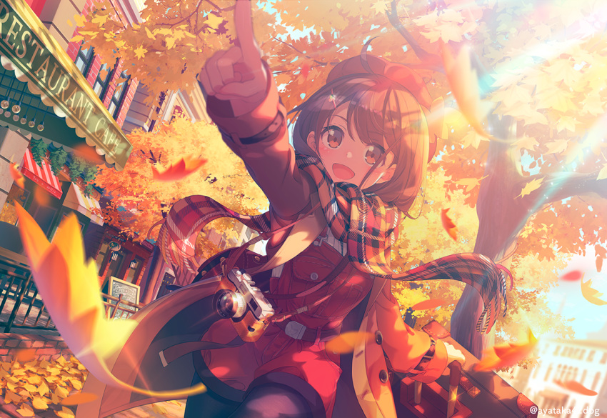 1girl :d autumn autumn_leaves ayataka bangs belt blurry blurry_background blurry_foreground brown_eyes brown_hair building camera commentary_request depth_of_field eyebrows_visible_through_hair falling_leaves hair_ornament hairclip hat holding holding_suitcase leaf light_rays long_sleeves luggage maple_leaf medium_hair open_mouth original outdoors pantyhose pointing rolling_suitcase scarf signature sky smile solo suitcase tree twitter_username