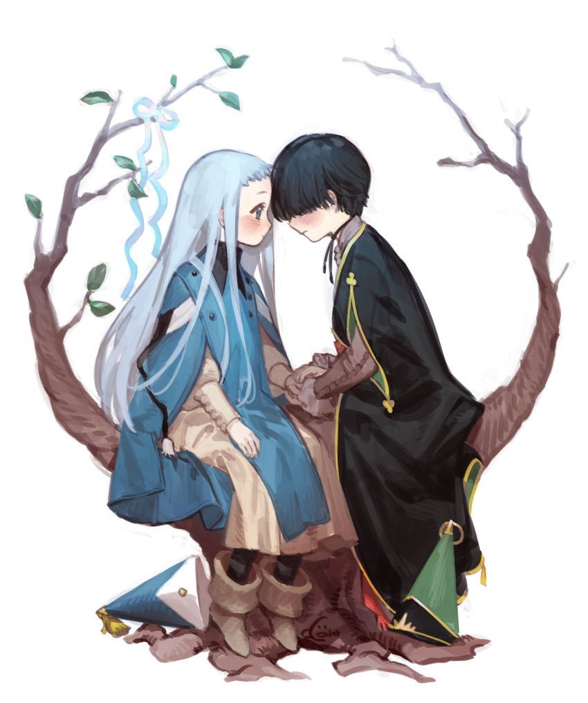 1boy 1girl black_hair blue_eyes blue_hair blush commentary couple cr_(coro_kun) eunie_(tongari_boushi_no_atelier) forehead-to-forehead gloves hair_over_eyes hat hat_removed headwear_removed hetero highres holding_hands in_tree long_hair looking_at_another riche_(tongari_boushi_no_atelier) robe sitting sitting_in_tree tongari_boushi_no_atelier tree