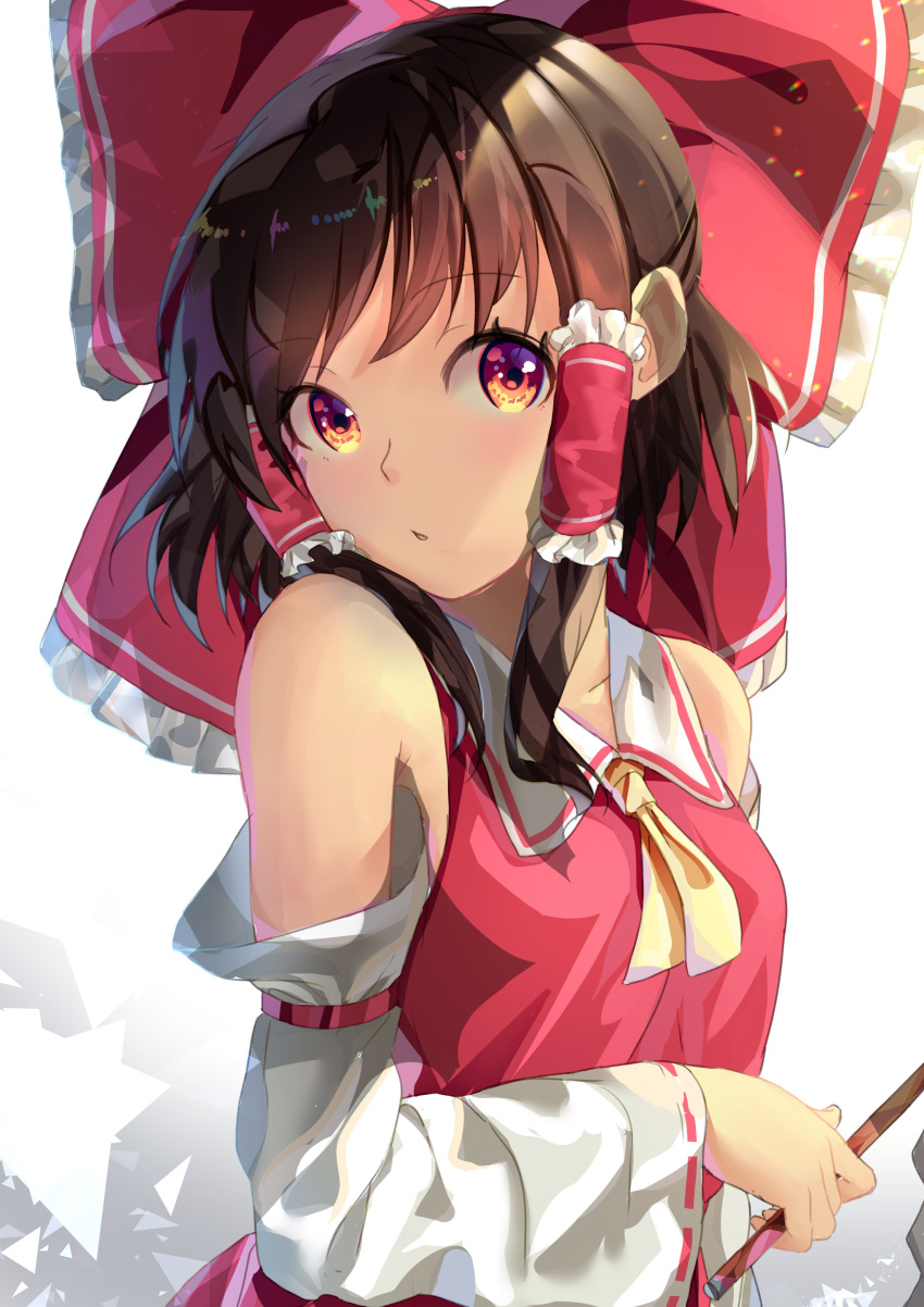 1girl :o absurdres bangs bare_shoulders blush bow breasts brown_eyes brown_hair chestnut_mouth collarbone commentary_request cravat detached_sleeves eyebrows_visible_through_hair gohei hair_bow hair_tubes hakurei_reimu head_tilt highres holding holding_stick light_particles long_hair looking_at_viewer red_bow red_shirt rei_(farta_litia) ribbon-trimmed_sleeves ribbon_trim shirt sidelocks simple_background small_breasts solo stick swept_bangs touhou upper_body white_background yellow_neckwear