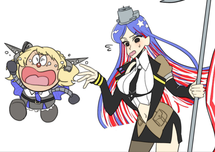 2girls american_flag anno88888 bangs black_eyes black_neckwear black_skirt blonde_hair blue_hair breasts capelet colorado_(kantai_collection) copyright_request crying flag flying_sweatdrops headgear highres holding kantai_collection long_hair long_sleeves midriff multicolored_hair multiple_girls navel necktie open_mouth parody redhead short_hair side_slit simple_background skirt south_dakota_(kantai_collection) star_(symbol) style_parody sweatdrop tears white_background white_hair