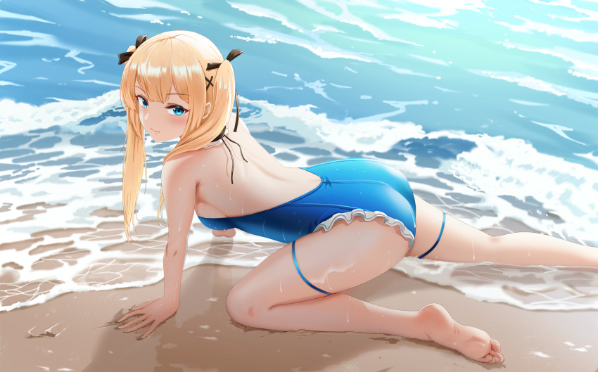 1girl all_fours ass azur_lane back bare_legs bare_shoulders barefoot beach black_ribbon blonde_hair blue_eyes blue_swimsuit blush breasts casual_one-piece_swimsuit closed_mouth commentary dead_or_alive frilled_swimsuit frills from_side gan-viking hair_ornament hair_ribbon highres long_hair looking_at_viewer looking_to_the_side marie_rose medium_breasts neck_garter ocean one-piece_swimsuit ribbon sideboob smile soles solo swimsuit thigh_strap toes twintails water x_hair_ornament