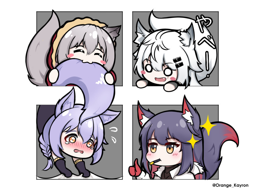 animal_ear_fluff animal_ears arknights artist_request fur-trimmed_hood fur_trim grey_eyes hair_ornament hairclip highres hood hooded_jacket jacket lappland_(arknights) large_tail looking_at_another multiple_girls projekt_red_(arknights) provence_(arknights) red_jacket scar scar_across_eye scar_on_face tail texas_(arknights) white_jacket wolf_ears wolf_girl wolf_tail