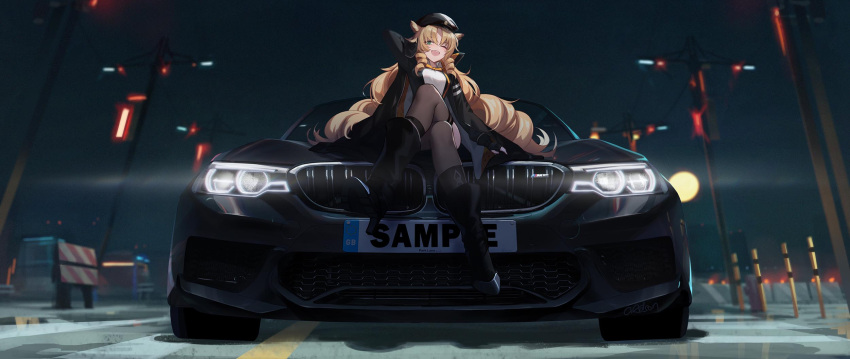 1girl adson-(biao_di) animal_ears arknights arm_behind_head arm_up beret black_footwear black_gloves black_headwear black_jacket black_legwear bmw bmw_m5 boots car crossed_legs drill_hair drill_locks fingerless_gloves gloves green_eyes ground_vehicle hat high_heel_boots high_heels highres jacket lamppost long_hair long_sleeves motor_vehicle night one_eye_closed open_clothes open_jacket open_mouth sitting smile solo swire_(arknights) thigh-highs tiger_ears