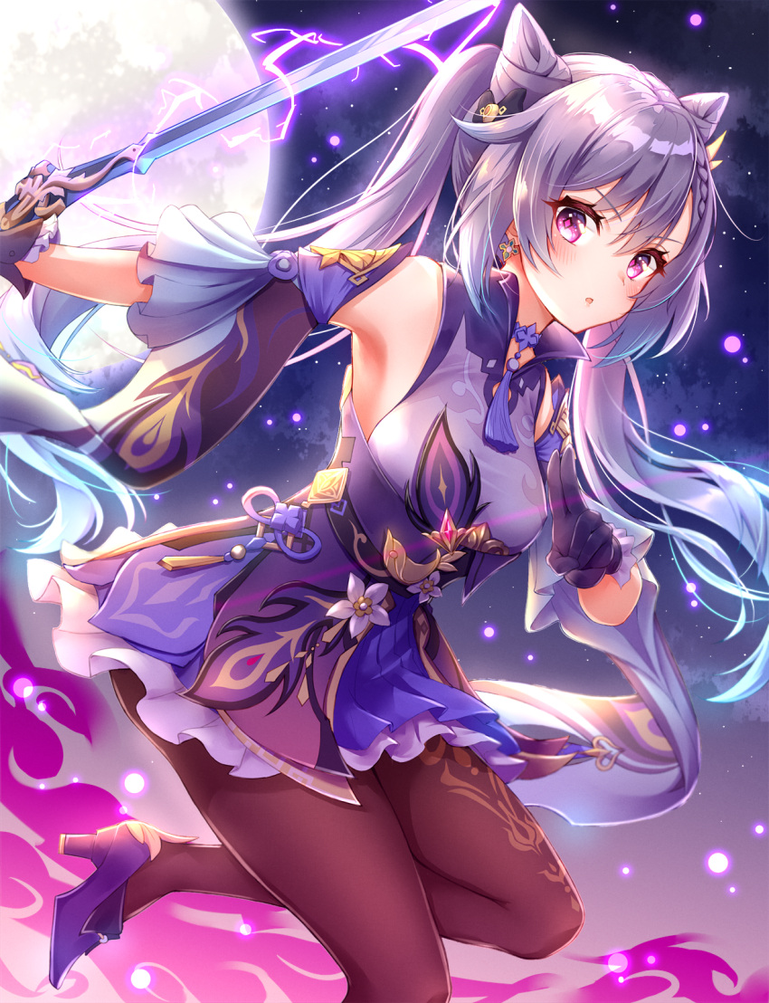 1girl armpits bare_shoulders black_gloves braid breasts brown_legwear choker detached_sleeves dress full_moon genshin_impact gloves hair_ears hair_ornament high_heels highres holding holding_sword holding_weapon keqing_(genshin_impact) leg_up lightning long_hair looking_at_viewer moon outstretched_arms pantyhose parted_lips pink_eyes purple_dress purple_footwear purple_hair rapier reverse_grip small_breasts solo sword toki_(toki_ship8) twintails vision_(genshin_impact) weapon