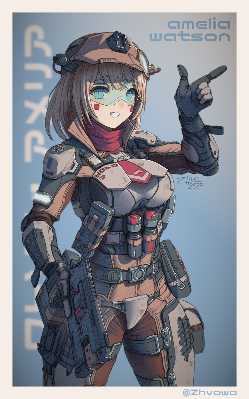 1girl :d absurdres bangs belt blonde_hair blue_eyes breasts character_name eyebrows_visible_through_hair facial_mark goggles gun hand_gesture handgun helmet highres hololive hololive_english holster magazine_(weapon) medium_breasts medium_hair military military_operator necktie open_mouth pouch red_neckwear signature smile solo thigh_strap titanfall titanfall_(series) virtual_youtuber watson_amelia weapon zhvo