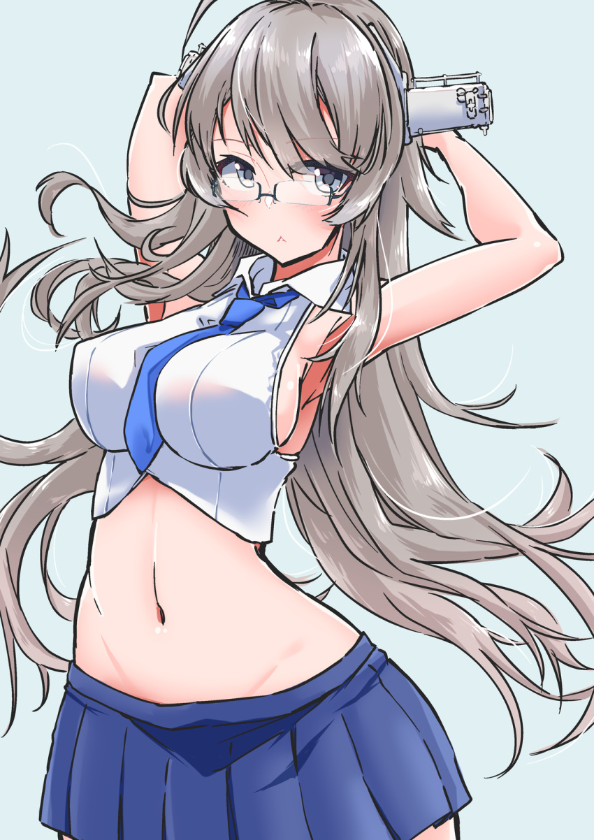 1girl bad_anatomy bad_arm bespectacled blue_background blue_neckwear blue_skirt blush breasts collared_shirt cowboy_shot eyebrows_visible_through_hair glasses grey_eyes headgear highres kantai_collection komb large_breasts long_hair navel necktie pleated_skirt shirt sideboob silver_hair simple_background skirt sleeveless sleeveless_shirt solo washington_(kantai_collection) white_shirt