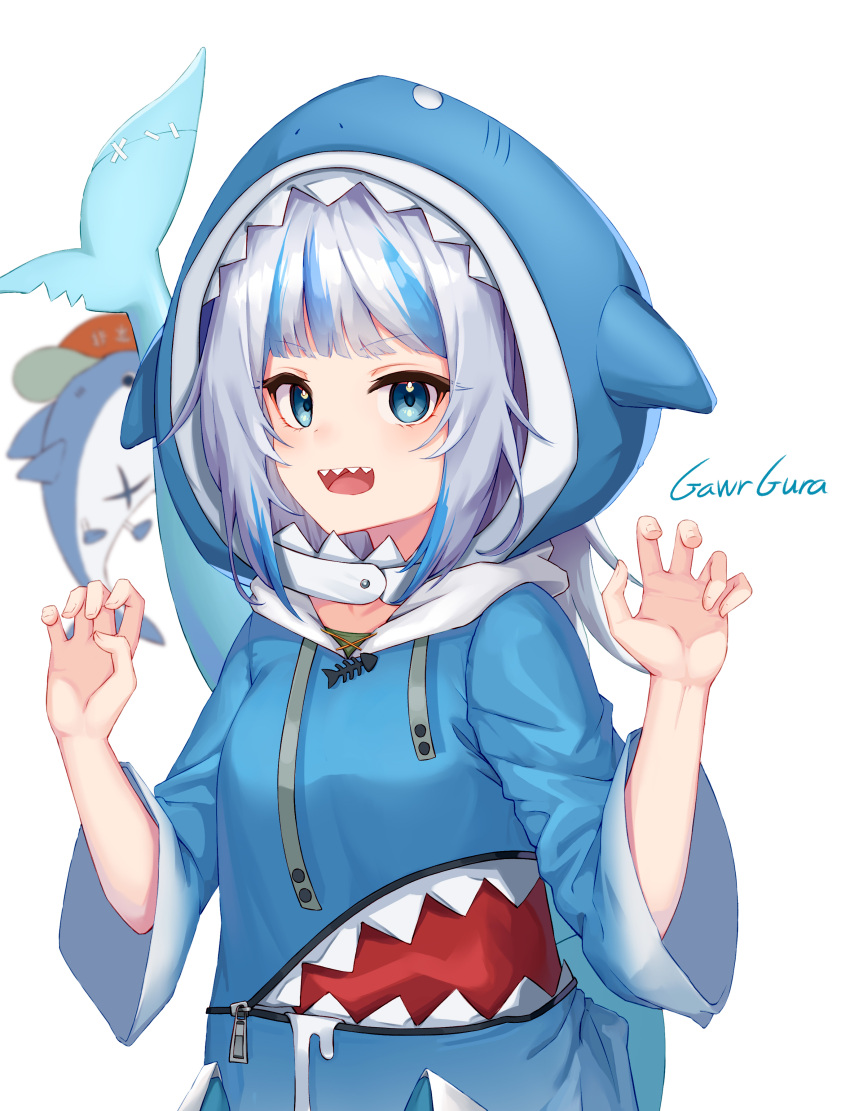 1girl absurdres amashiro_natsuki animal_costume animal_hood bangs bloop_(gawr_gura) blue_eyes blue_hair blue_hoodie blunt_bangs character_name gawr_gura highres hololive hololive_english hood hoodie light_blush looking_at_viewer medium_hair multicolored_hair open_mouth setsurimu_(pro_viden) shark_costume shark_girl shark_hood sharp_teeth silver_hair simple_background sleeves_past_wrists smile solo streaked_hair teeth upper_body upper_teeth virtual_youtuber white_background wide_sleeves