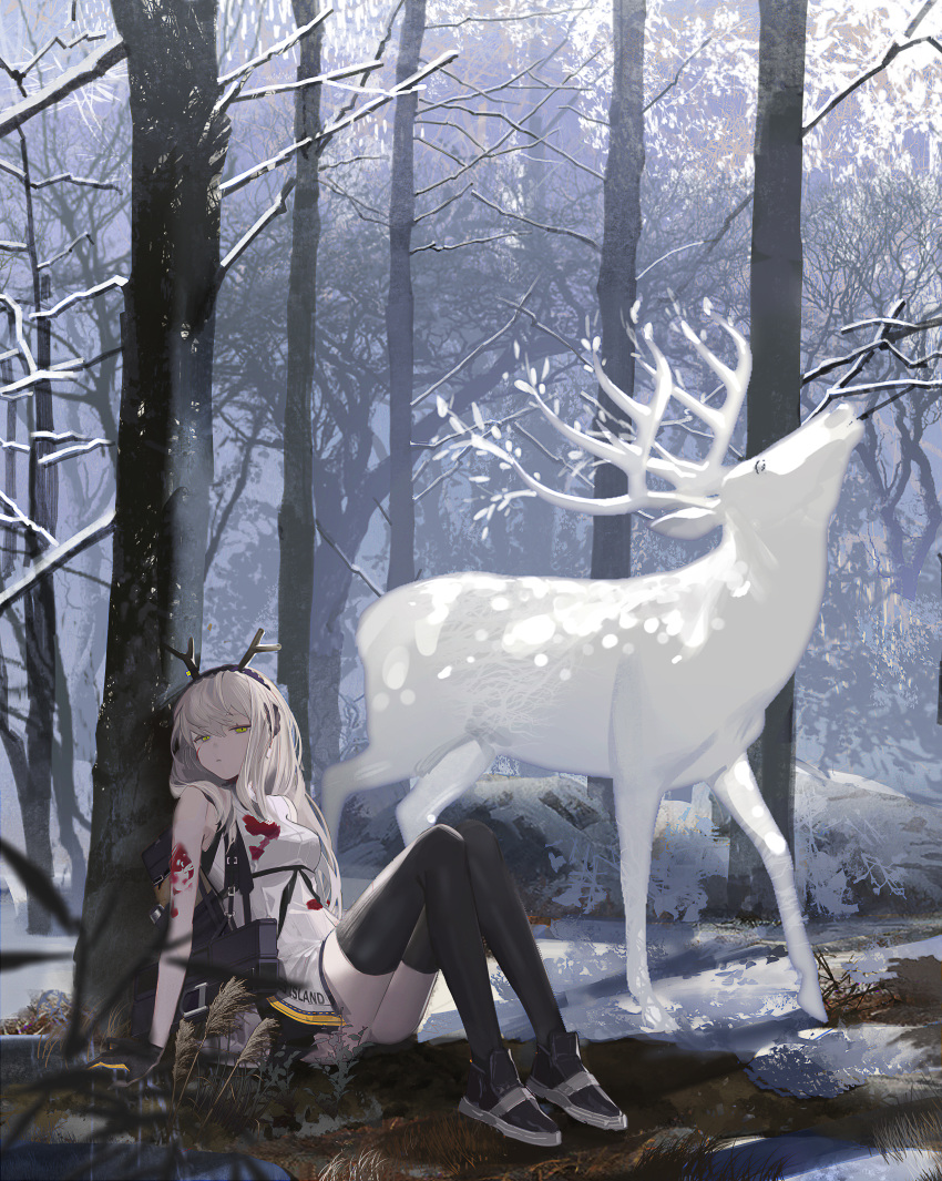 1girl absurdres against_tree animal antlers arknights bangs bare_arms bare_shoulders black_footwear black_gloves black_legwear blood blood_on_face bloody_clothes breasts clothes_writing day deer dress firewatch_(arknights) firewatch_(wilted_cypress)_(arknights) forest full_body gloves green_eyes highres huge_filesize long_hair looking_at_viewer nature outdoors reclining shoes short_dress silver_hair sleeveless sleeveless_dress small_breasts snow thigh-highs tree white_dress winter zheshe_jing