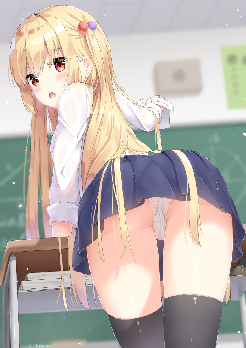 1girl ass bangs bent_over black_legwear blonde_hair blue_skirt blush chalkboard classroom commentary_request desk eyebrows_visible_through_hair eyelashes from_behind hair_bobbles hair_ornament highres holding holding_paper indoors long_hair long_sleeves looking_at_viewer looking_back miniskirt open_mouth original panties pantyshot paper pleated_skirt red_eyes school_desk school_uniform shironora shirt skindentation skirt solo thighs underwear very_long_hair white_shirt