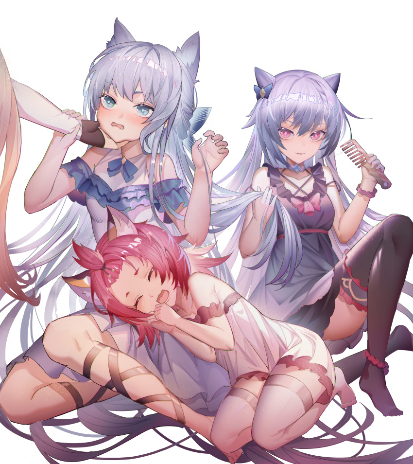 1other 3girls :d absurdres alternate_costume animal_ear_fluff animal_ears arknights arms_up bangs bangs_pinned_back bare_shoulders black_gloves black_legwear blue_eyes bow breasts cat_ears cat_tail chin_rest chinese_commentary closed_eyes comb crossover diona_(genshin_impact) dress fingerless_gloves forehead genshin_impact gloves hair_bow hat highres holding_another's_arm holding_another's_hair huge_filesize jinjide_shaonian keqing_(genshin_impact) knee_up kneeling lap_pillow long_hair looking_at_viewer multiple_girls no_shoes off-shoulder_dress off_shoulder open_mouth pink_hair purple_dress purple_hair rosmontis_(arknights) short_eyebrows shorts silver_hair simple_background sitting smile tail thigh-highs thighs twintails very_long_hair violet_eyes white_background white_dress white_legwear yokozuwari
