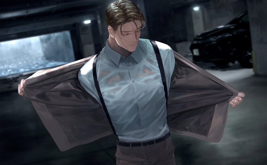 1boy belt black_belt blonde_hair blue_shirt closed_eyes closed_mouth collared_shirt cowboy_shot dress_shirt facing_viewer formal grey_jacket grey_pants grey_suit highres indoors jacket jujutsu_kaisen kuro_(grf) male_focus nanami_kento pants parking_garage photo_background see-through shirt short_hair solo suspenders undressing wet wet_clothes wet_face wet_hair wet_shirt