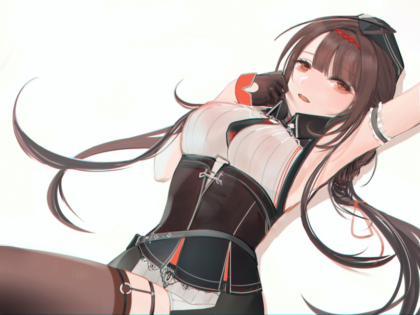 1girl black_gloves black_legwear breasts brown_hair chilli_646 corset dsr-50_(girls_frontline) eyebrows_visible_through_hair girls_frontline gloves hand_to_own_mouth hand_up hat highres long_hair looking_at_viewer lying on_back open_mouth red_eyes shirt solo thigh-highs uniform white_background