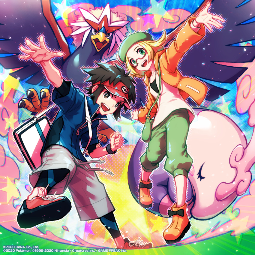 1boy 1girl bianca_(pokemon) black_bow blonde_hair bow bow_footwear braviary capri_pants clenched_hand commentary dated english_commentary from_below gen_5_pokemon glasses green_headwear green_pants grey_pants hat highres jacket long_sleeves meimaru_inuchiyo musharna nate_(pokemon) open_mouth orange_footwear outstretched_arms pants pokemon pokemon_(creature) pokemon_(game) pokemon_bw2 pokemon_masters_ex red-framed_eyewear red_headwear semi-rimless_eyewear shiny shoes short_sleeves smile spread_fingers star_(symbol) teeth tongue visor_cap watermark zipper_pull_tab