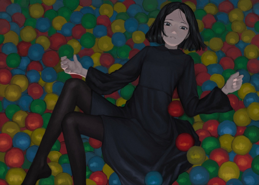 1girl ball_pit bangs black_dress black_hair blue_eyes blunt_ends brown_legwear character_request collared_dress commentary_request copyright_request dress eyelashes highres knees_up kondate_(inugrm) long_sleeves looking_at_viewer lying makeup mascara nose on_back pantyhose parted_bangs parted_lips short_hair solo