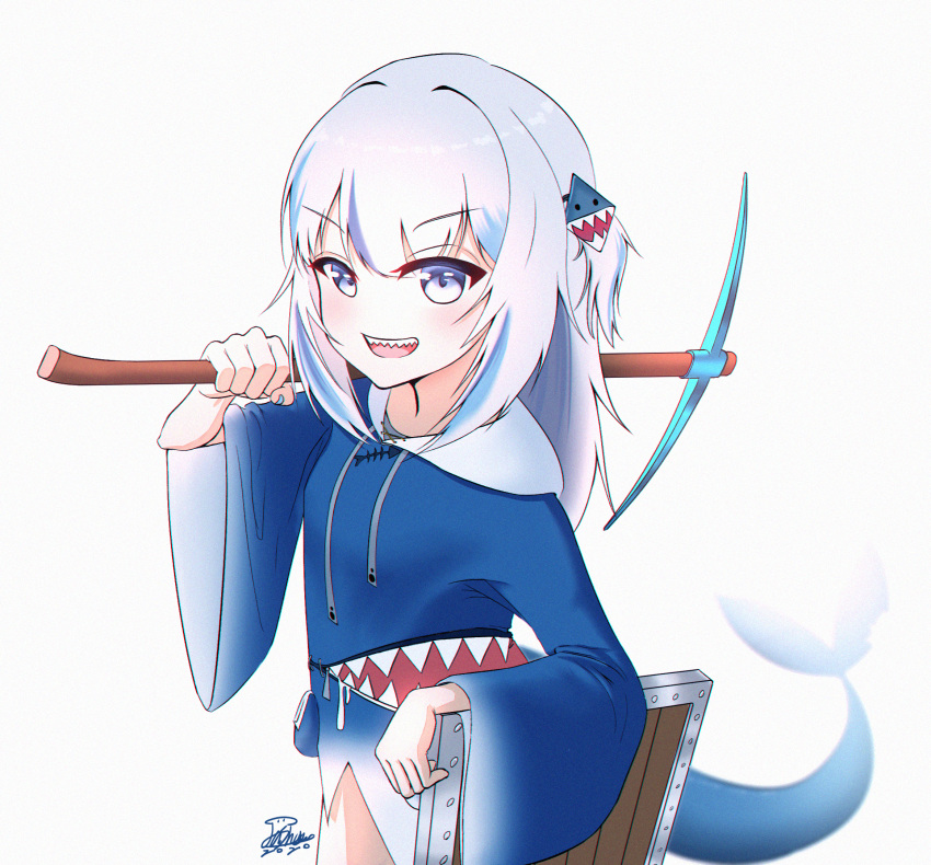 1girl animal_costume animal_hood bangs blue_eyes blue_hair blue_hoodie blunt_bangs fish_tail gawr_gura highres hololive hololive_english hood hoodie huge_filesize kongo6212 looking_at_viewer medium_hair minecraft multicolored_hair open_mouth pickaxe shark_costume shark_girl shark_hood shark_tail sharp_teeth shield silver_hair simple_background sleeves_past_wrists smile solo streaked_hair tail teeth two_side_up virtual_youtuber white_background wide_sleeves