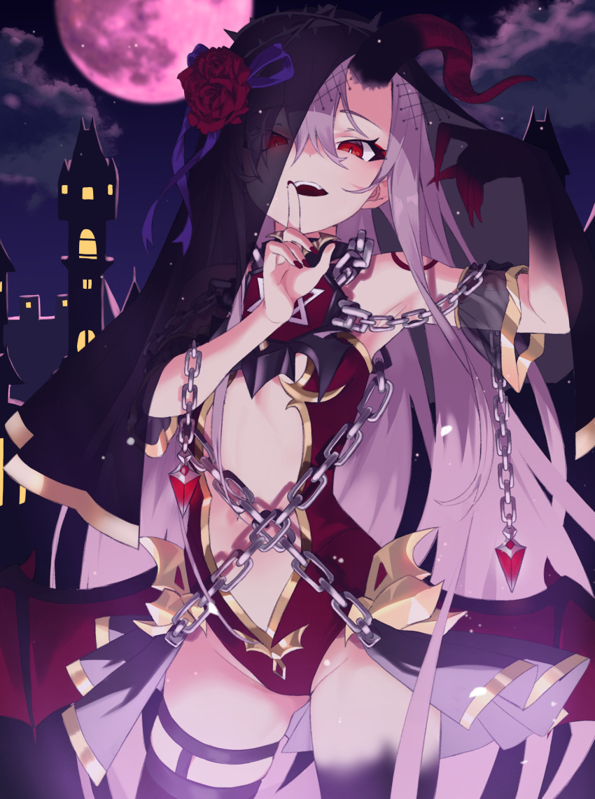 1girl absurdres bangs black_veil breasts chain cheunbyeol claws demon_girl finger_to_mouth flower full_moon grey_hair hair_between_eyes highres horns imp index_finger_raised leotard long_hair low_wings midriff_cutout moon night original outdoors red_eyes red_flower red_leotard red_nails red_rose rose small_breasts solo thigh-highs thorns veil wings