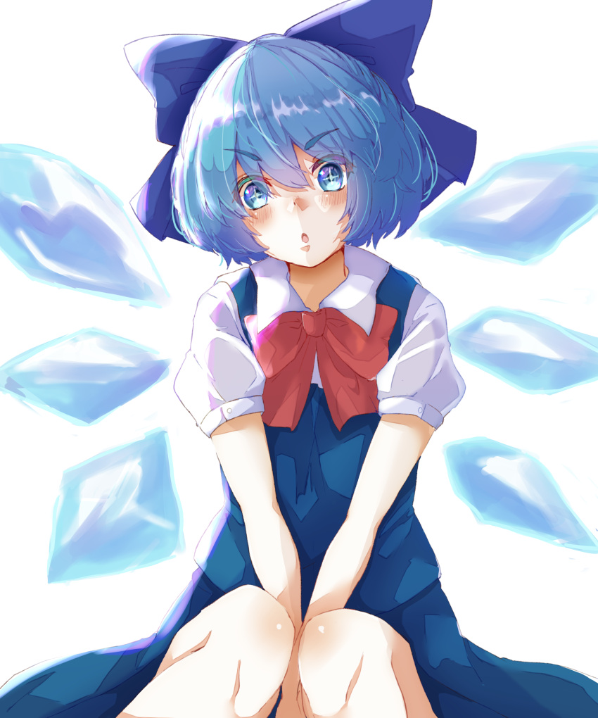 +_+ 1girl :o absurdres between_legs blue_bow blue_dress blue_eyes blue_hair bob_cut bow bowtie cirno commentary dress eyebrows_visible_through_hair gumi_(fwjn7284) hair_between_eyes hair_bow hand_between_legs head_tilt highres ice ice_wings knees looking_at_viewer open_mouth pinafore_dress puffy_short_sleeves puffy_sleeves red_bow red_neckwear shirt short_hair short_sleeves sidelocks simple_background solo sparkling_eyes star-shaped_pupils star_(symbol) symbol-shaped_pupils thick_eyebrows touhou v-shaped_eyebrows v_arms white_background white_shirt wing_collar wings
