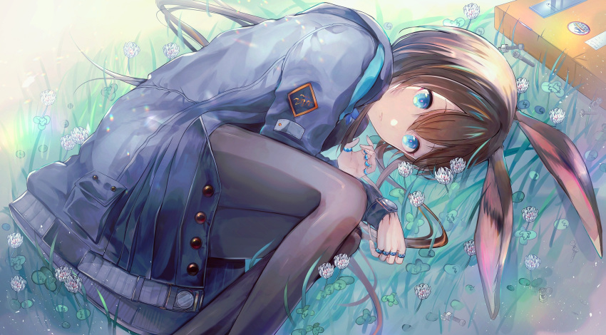 1girl amiya_(arknights) animal_ears arknights black_legwear blue_coat blue_eyes blush brown_hair closed_mouth coat commentary expressionless eyebrows_visible_through_hair flower grass hair_between_eyes highres jewelry legs_together long_hair lying multiple_rings on_side pantyhose rabbit_ears ring romaji_commentary seia_(tikxxx) solo symbol_commentary