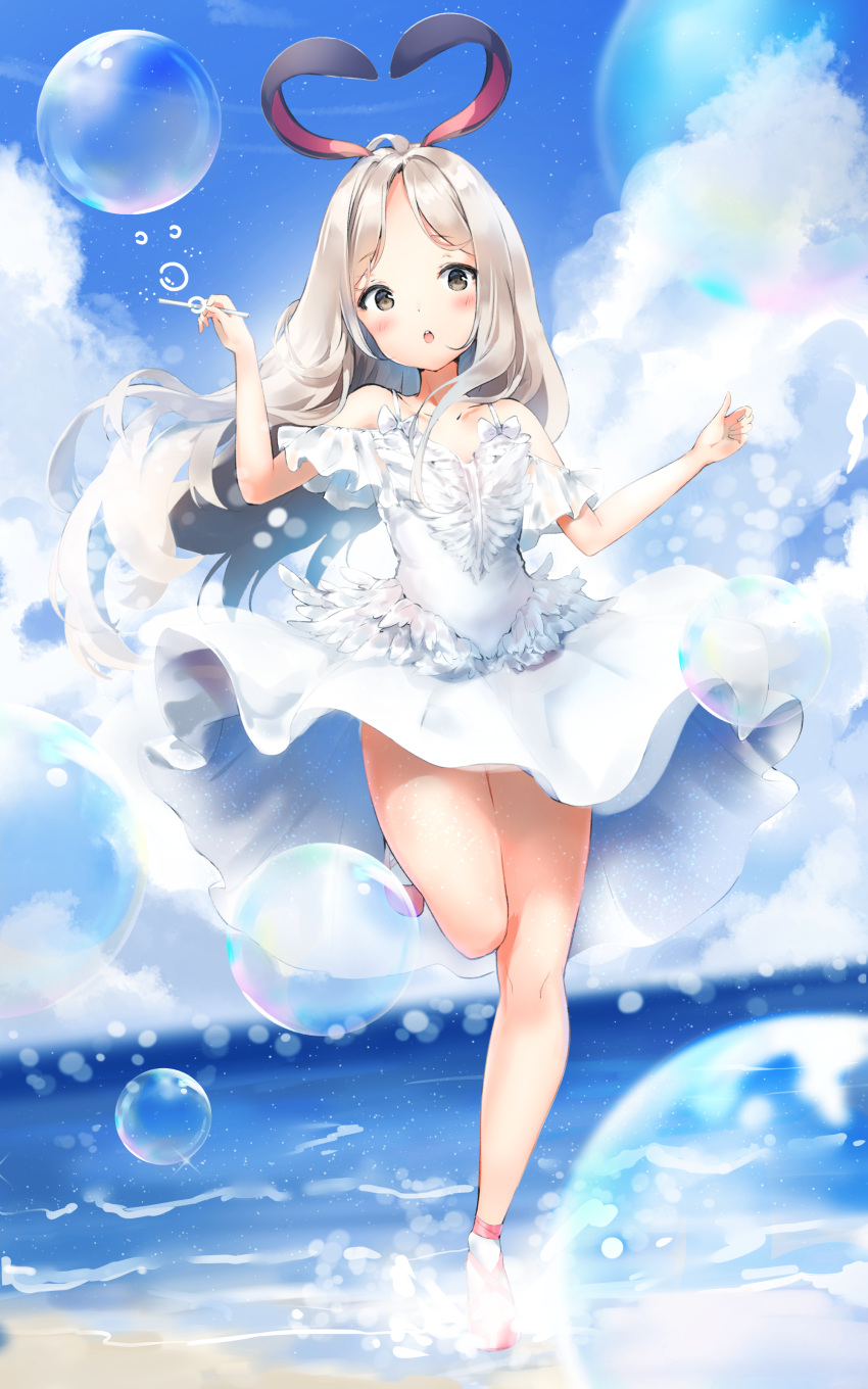 1girl absurdres animal_ears arms_up blade_&amp;_soul blush bubble clouds dress forehead grey_eyes highres keibeam leg_up long_hair lyn_(blade_&amp;_soul) ocean open_mouth outdoors rabbit_ears silver_hair sky solo standing standing_on_one_leg sundress wading water white_dress wind wind_lift