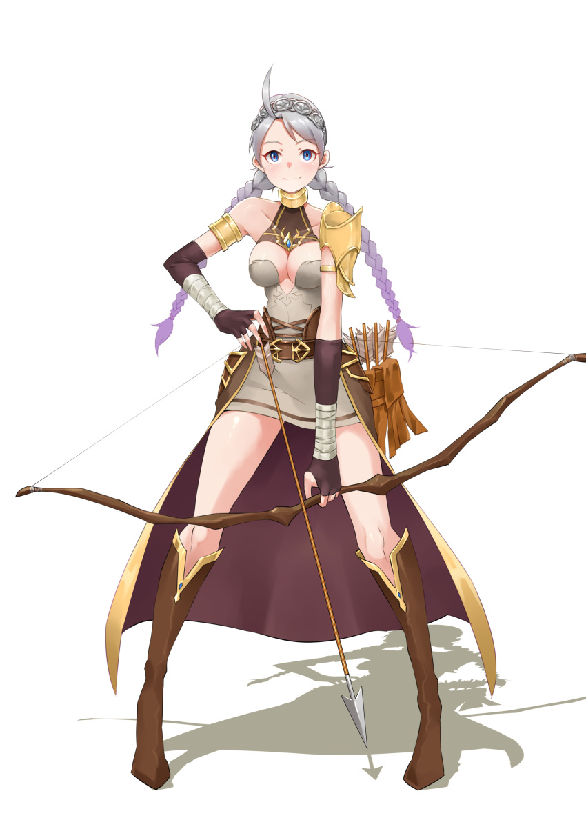 1girl absurdres ahoge boots bow_(weapon) braid breasts cosplay fire_emblem fire_emblem_fates full_body glory_emblem grace_(glory_emblem) grace_(glory_emblem)_(cosplay) highres holding holding_weapon igni_tion looking_at_viewer medium_breasts nina_(fire_emblem) solo twintails weapon white_background